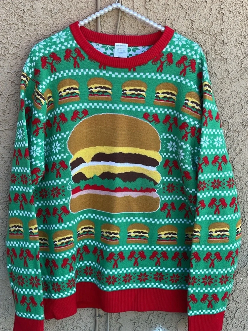 Men's Green In & Out Burger Holiday Ugly Christmas Sweater Sz M